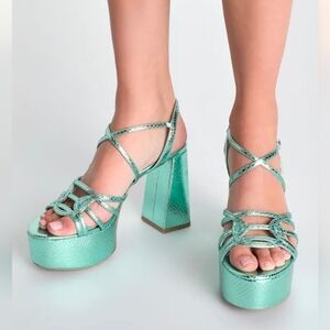No Prob Mint Snake-Embossed Platform Ankle Strap Sandals by Chinese Laundry, 7.5